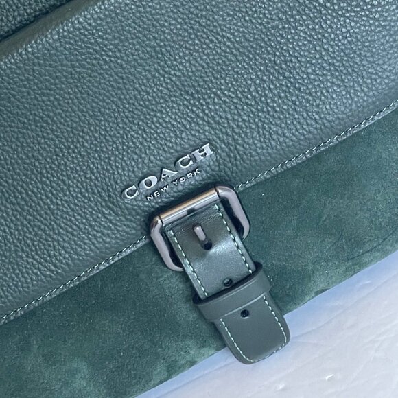 Coach Hudson Suede Messenger Shoulder Bag Leather Crossbody Green CB906 - Picture 6 of 12